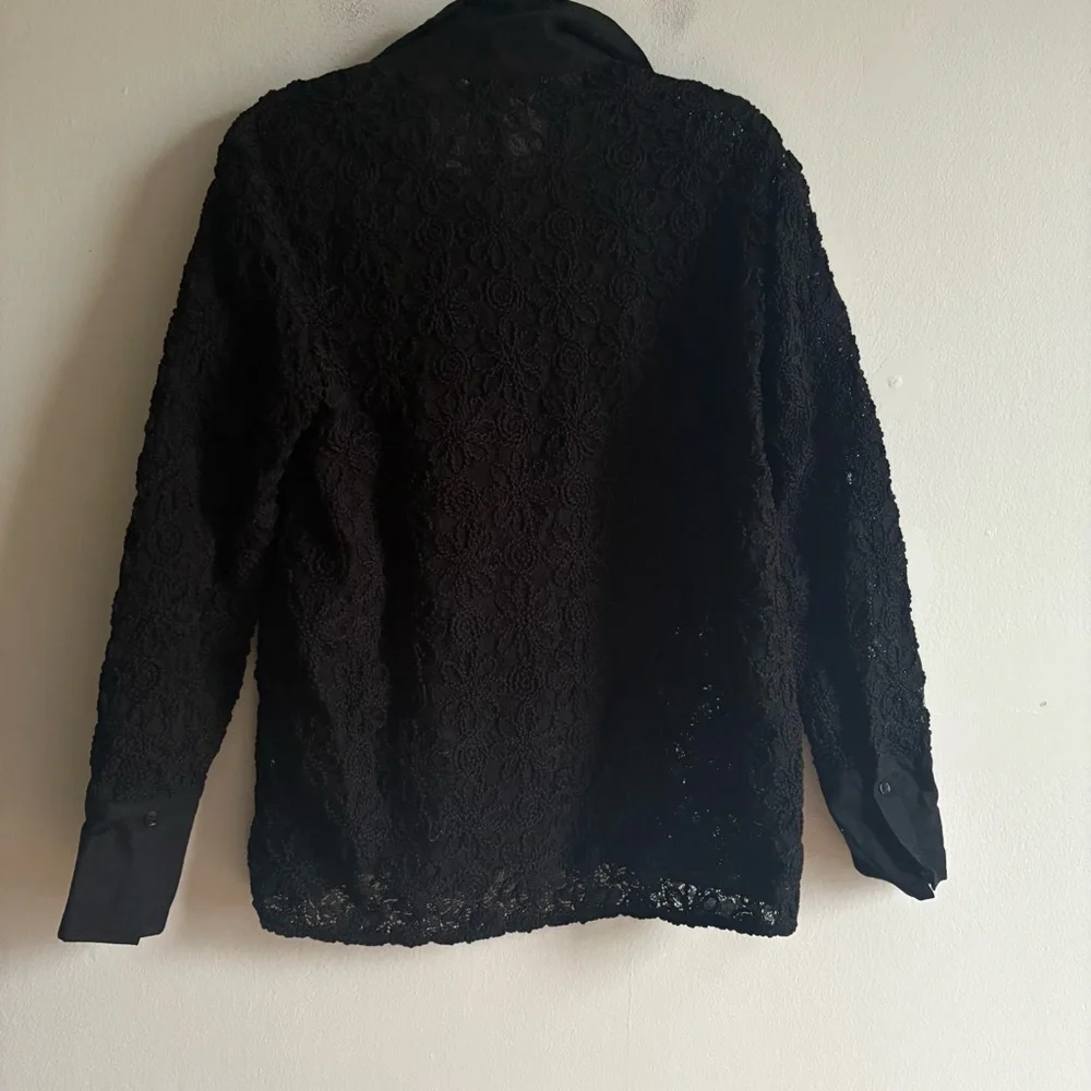 Zara Sz L Black Lace 3 D Semi Sheer Button Front Elegant Blouse - Picture 9 of 9